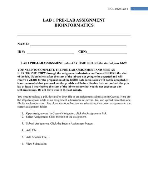 Lab 1 Pre Lab Assignment Bioinformatics Biology 2 Biol 1020 Lab 1 1 Lab 1 Pre Lab Assignment