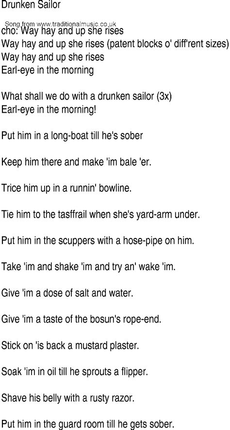 Irish Music, Song and Ballad Lyrics for: Drunken Sailor