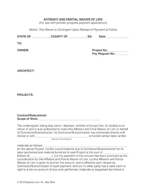 ZLIEN Affidavit Partial Waiver Of Lien Complete Legal Document