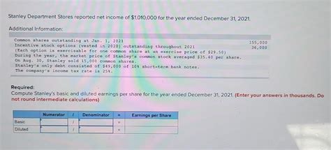 Solved Stanley Department Stores Reported Net Income Of Chegg