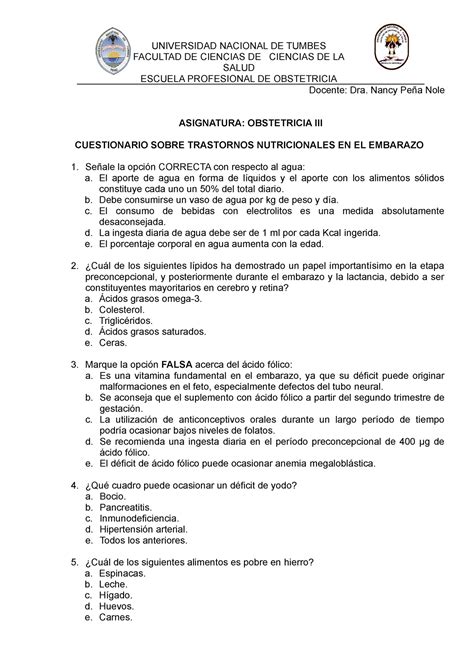 Cuestionario Nutricion EN EL Embarazo UNIVERSIDAD NACIONAL DE TUMBES