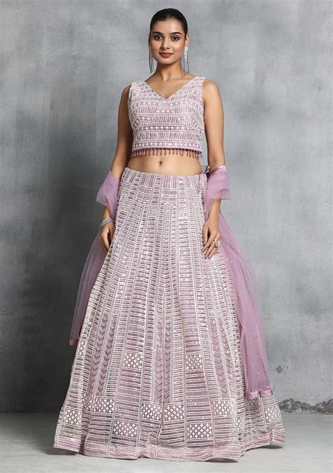 Buy Women Lilac Abstract Sequin Thread Embroidered Lehenga Set With