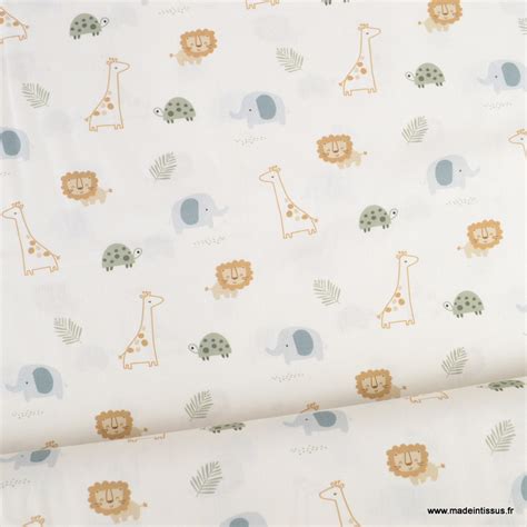 Tissu Popeline Motifs Animaux Mignons De La Savane Fond Blanc Cass