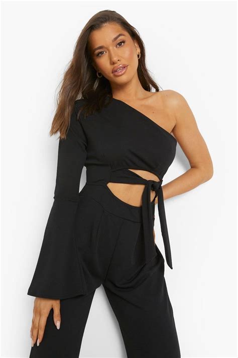 Womens Asymmetric Flare Sleeve Wide Leg Jumpsuit Boohoo Uk