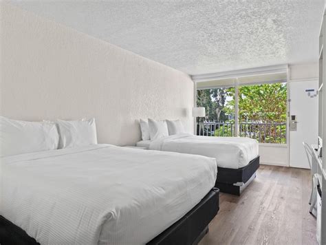 Two queen beds with white sheets, and view out of window of trees