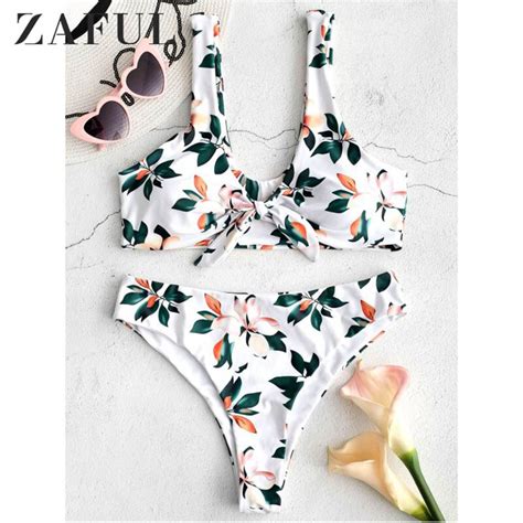 ZAFUL Flower Plant Print Bandeau Bikini Set Tie High Leg Cut Bikini