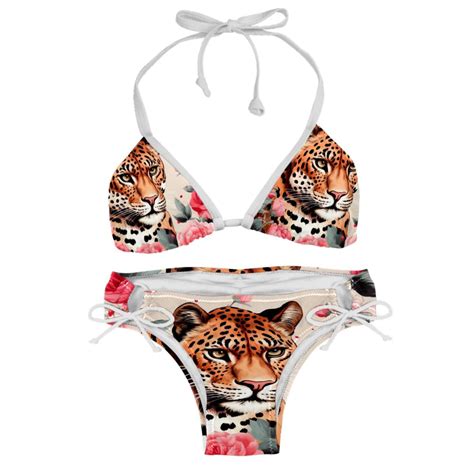 Rose Leopard Women S Detachable Sponge Adjustable Strap Bikini Set Swim