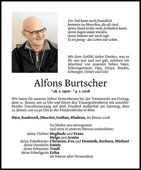 Todesanzeigen Von Alfons Burtscher Todesanzeigen Vorarlberger Nachrichten