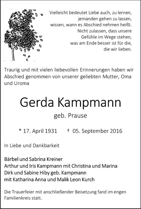 Traueranzeigen Von Gerda Kampmann Trauer In Nrw De