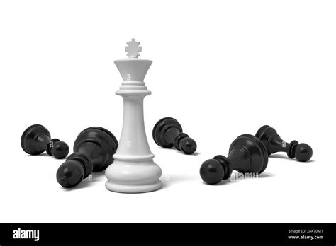 D Rendering Of A Single Standing White Chess King Piece Among Many