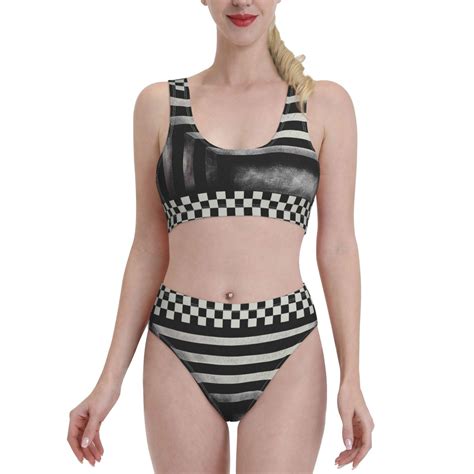 Lukts Women High Waisted Bikini Set Black And White Checkerboard Trap