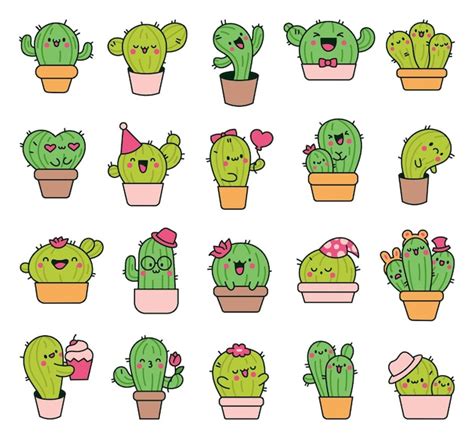 Premium Vector Cute Kawaii Cactus Funny Succulent Plant With Happy