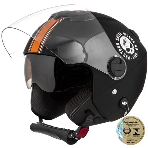 Capacete Aberto New Atomic Skull Pro Tork Preto E Laranja Fosco Submarino