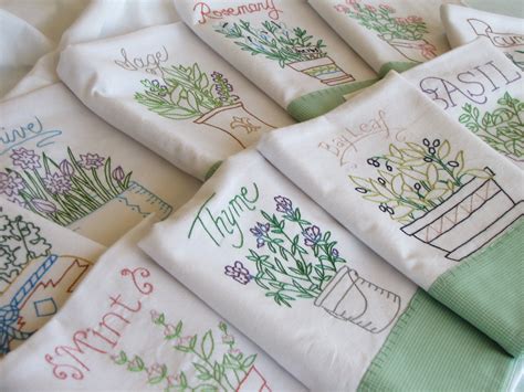 10 Herb Tea Towel Set Kitchen Flour Sack Embroidered Garden