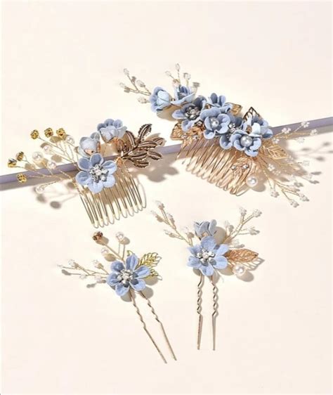 Bridal Flower Hair Pins Comb Pcs Baby Blue Or White Flowers Etsy Uk