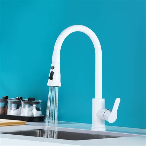 White High Arc Single Handle Pullout Sprayer Kitchen Faucet With Dual Function Kitchen Remodel