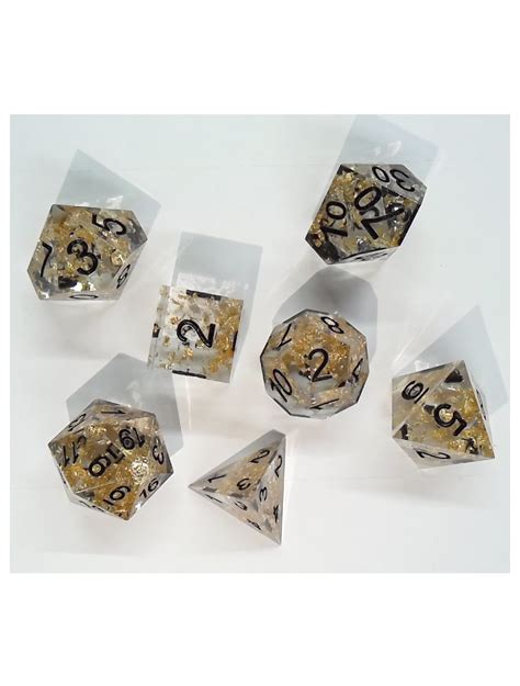 Sharp Edge Polyhedral Dice Set Gold Flake Black Numbers 7 Golden Flakes