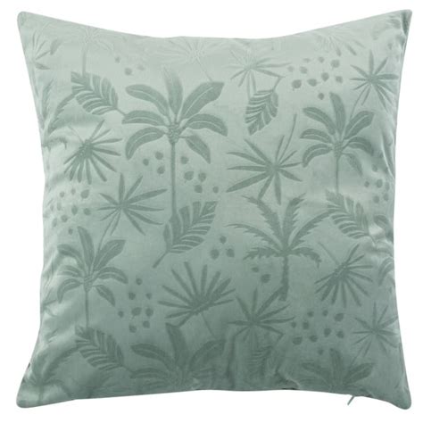 Housse de coussin en velours motif tropical embossé bleu et vert 40x40