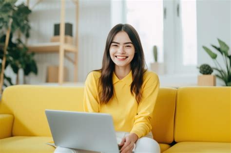 Premium Ai Image Portrait Of Happy Smile Girl Working With Laptop