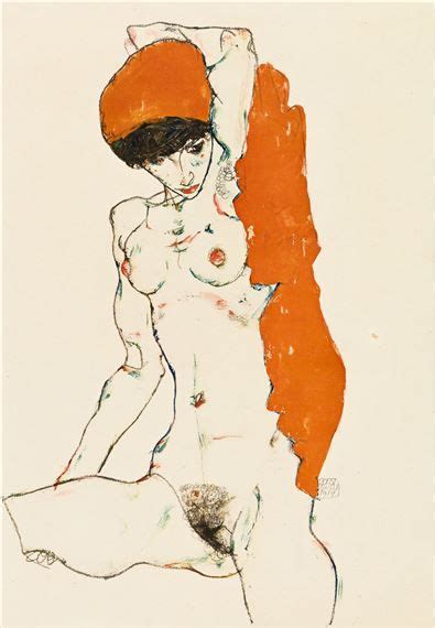 A Drawing Of A Naked Woman With An Orange Hat On Her Head And Arm