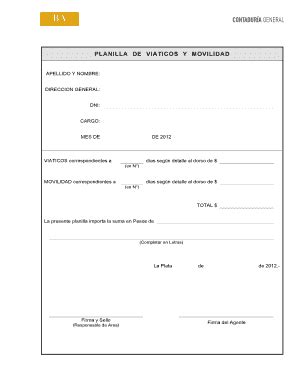 Fillable Online Cgp Gba Gov PLANILL A DE VIATICOS Y MOVILI DAD Cgp