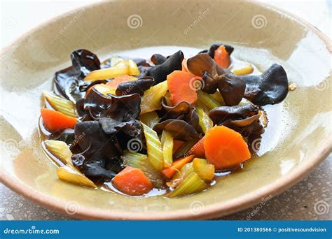 A Vegetarian Dish Of Stir Fried Chinese Black Wood Ear Fungus Celery