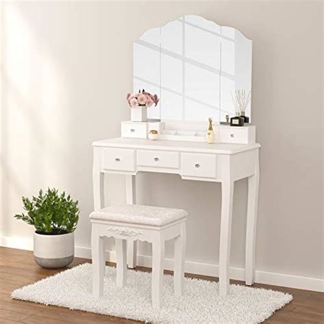 Mecor Vanity Set With Tri Folding Edgeless Mirror And 5 Drawers Makeup