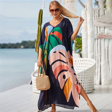 Boho Print Plus Size Kaftan Bikini Cover Ups Casual V Neck Maxi Dress Women Beach Wear Swimsuit