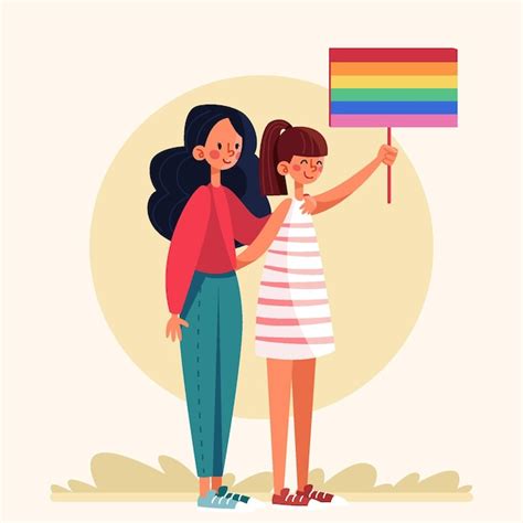 Free Vector Lesbian Couple With Lgbt Flag Illustrated