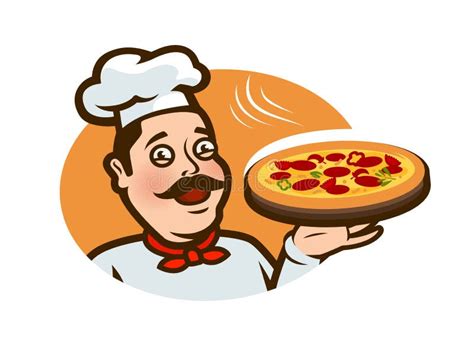 Chef Heureux Tenant Un Plateau De Pizza Logo Ou Label Illustration De