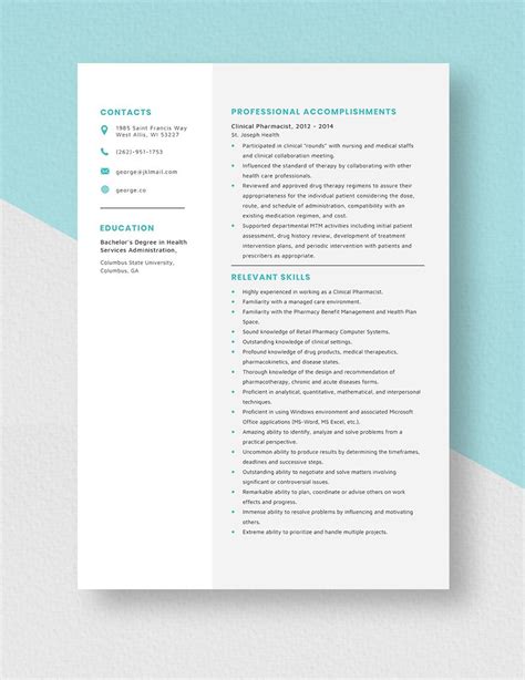 Clinical Pharmacist Resume in Pages, Word - Download | Template.net