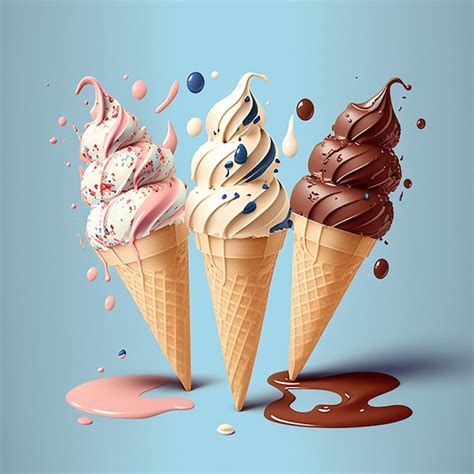 Tres Conos De Helado Con Diferentes Sabores Y Las Palabras Helado En La