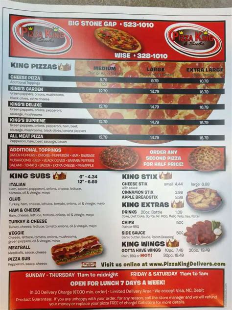 Menu at Pizza King pizzeria, Wise