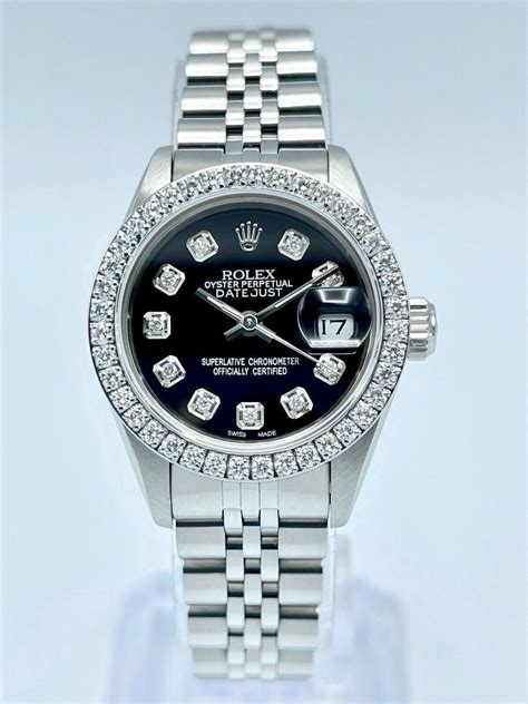 Rolex Datejust Ladies 26mm 69190 Black Diamond Dial And Diamond Bezel Box Jubilee