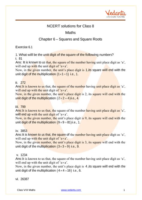 Ncert Solutions For Class 8 Maths Chapter 6 Squares And Square Roots