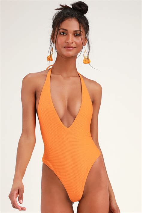 Twiin Justice Plunge Swimsuit Bright Orange One Piece Swimsuit Lulus