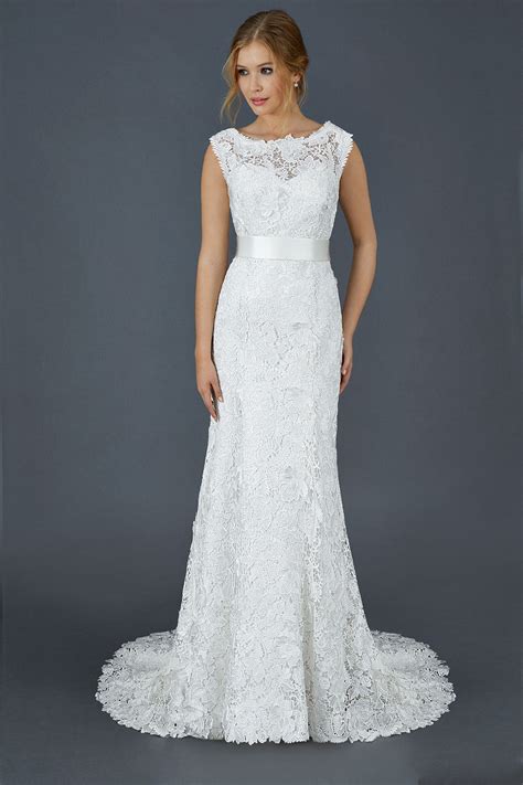 Lace Bateau Neckline Wedding Dresses With Satin Belt Angrila