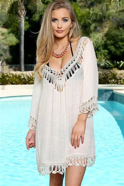 Sexy Beige Embroidered Crochet Sheer Long Sleeve Swimsuit Cover Up