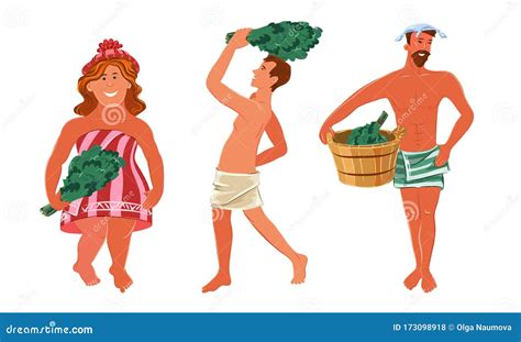 Set Of Naked People Enjoying Bathhouse With Brooms Vector Illustration