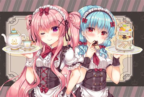 2girls Apron Aqua Hair Blush Bow Braids Cake Drink Food Headdress Lilia