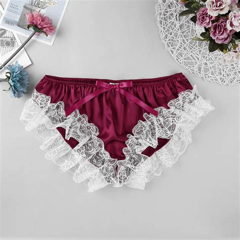Men Shiny Soft Satin Ruffle Floral Lace Sissy Panties Lingerie Low Rise Stretchy Bikini Briefs