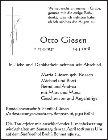 Traueranzeigen Von Otto Giesen Wirtrauern