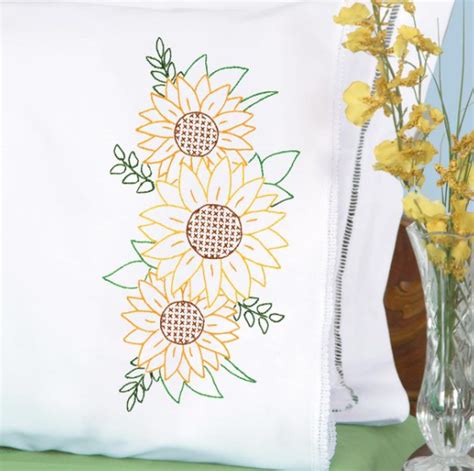 Jack Dempsey Lace Edge Pillowcases Golden Sunflowers Devine