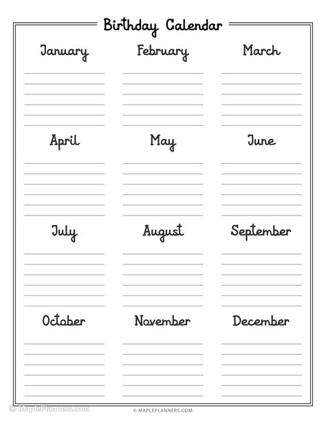 Free Printable Birthday List Templates