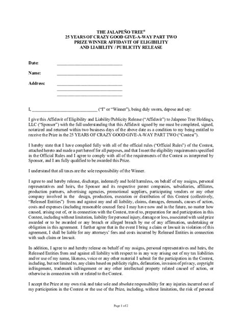 Fillable Online PRIZE WINNER AFFIDAVIT OF ELIGIBILITY AND LIABILITY