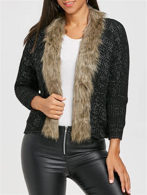 45 OFF Batwing Sleeve Faux Fur Trimmed Cardigan Rosegal