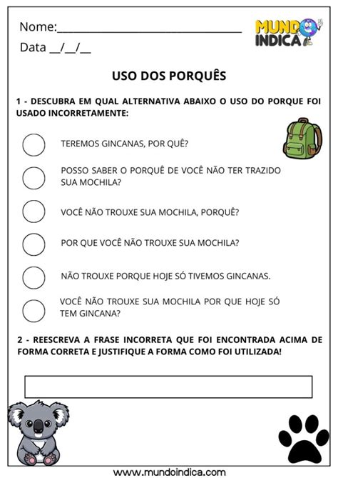 Atividades Sobre Os Porques - Atividades sobre o Uso dos Porquês para Imprimir e Com Gabarito