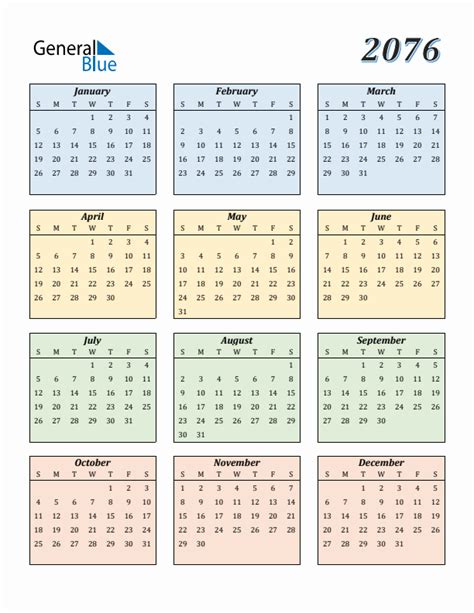 Free 2076 Calendars in PDF, Word, Excel