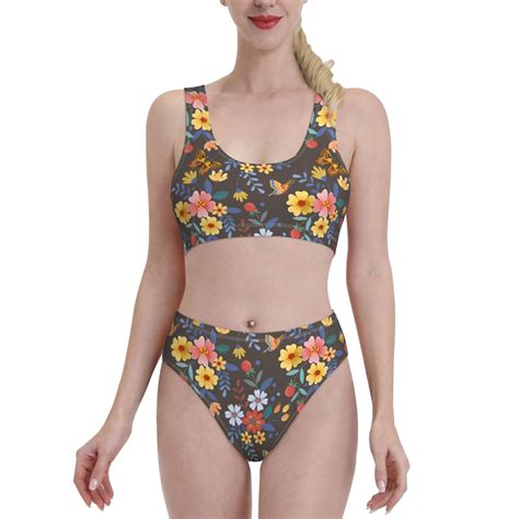 Adobk Colorful Flowers With Butterfly Print Women High Waisted Bikini