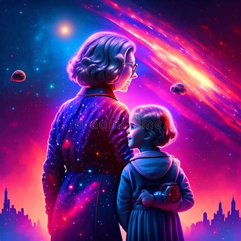 Digital Illustration Of A Mother And Daughter In Front Of An Galaxy